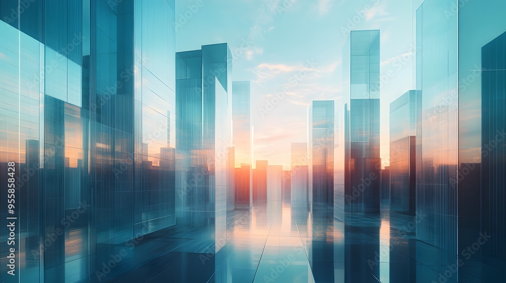 A surreal cityscape with buildings made of glass and light, blending into the horizon A surreal cityscape with buildings made of glass and light, blending into the horizon