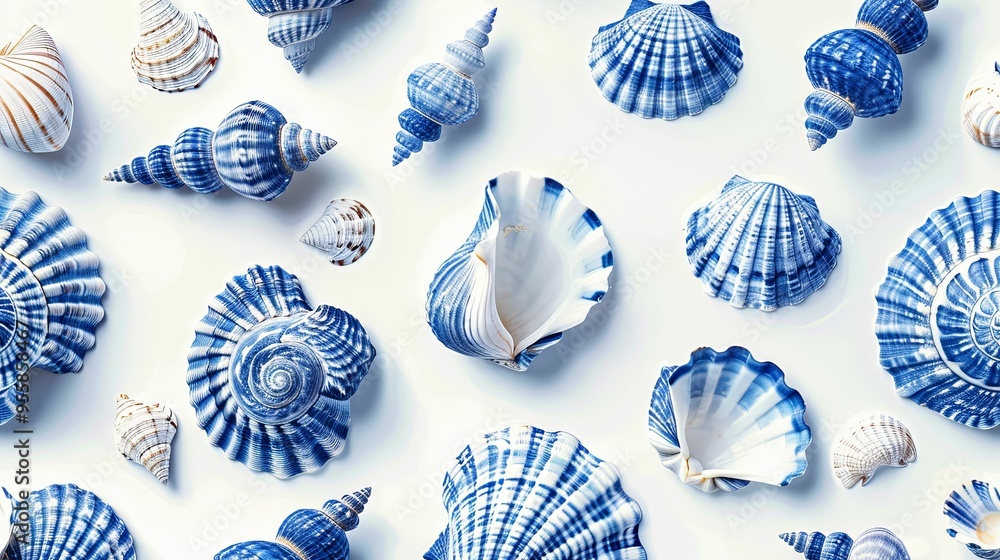 Blue and White Seashells on a White Background