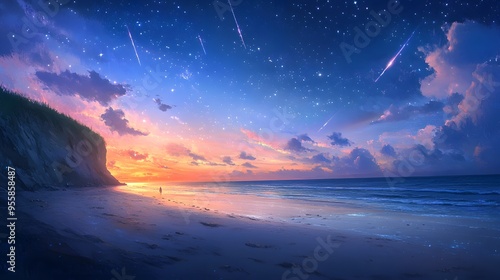 A tranquil beach with sand that sparkles like diamonds, under a sky filled with shooting stars photo