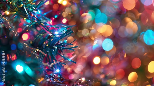 Colorful festive bokeh background with decorated Christmas tree branches, artistic style, copy space