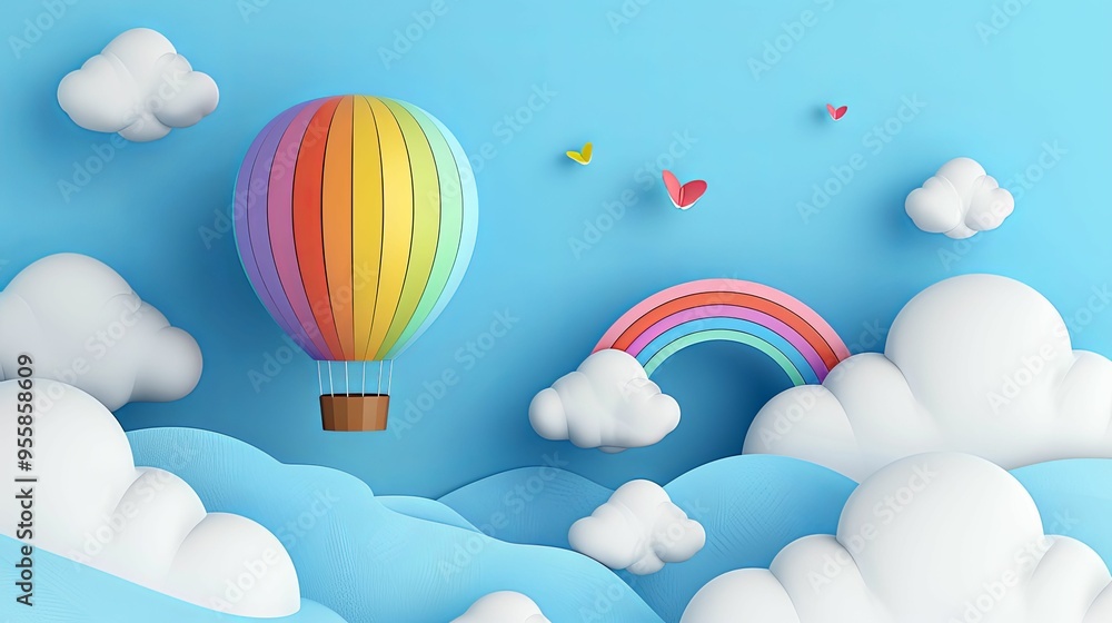 Colorful Hot Air Balloon Soaring Over Clouds and a Rainbow Colorful Hot Air Balloon Soaring Over Clouds and a Rainbow