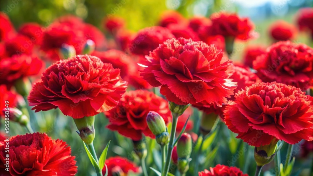 Obraz premium Vibrant red carnations in full bloom on a sunny day, floral, flowers, nature, petals, bouquet, vibrant, red, bloom, garden