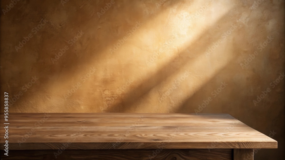 Empty table on brown background with natural shadows on the wall , table, brown, background, shadows, mock up Empty table on brown background with natural shadows on the wall , table, brown, background, shadows, mock up
