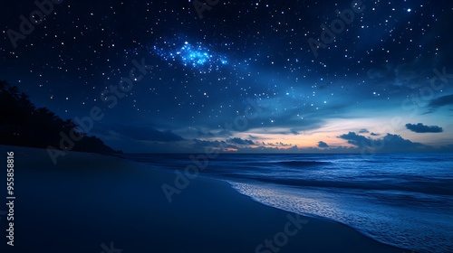 A tranquil beach with sand that sparkles like diamonds, under a sky filled with shooting stars photo