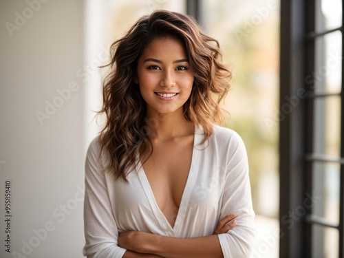 smiling young woman standing by white wall with arms crossed Free Download smiling young woman standing by white wall with arms crossed - GFXLoad