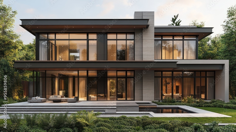 Fototapeta premium Modern house with large windows and landscaped outdoor area.