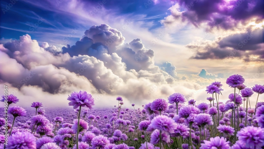 Fototapeta premium Beautiful purple flowers under a blanket of rolling clouds, purple, flowers, petals, bloom, flora, nature, sky, clouds
