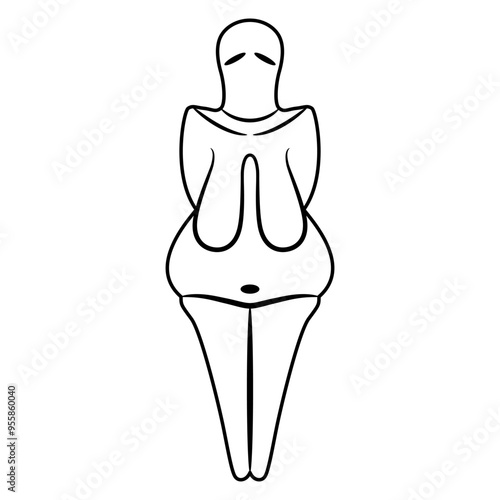 Paleolithic Venus. Female figurine from Dolni Vestonice, Czech Republic. Great Mother archetype. Fertility goddess. Feminist matriarch symbol. Black and white linear silhouette.