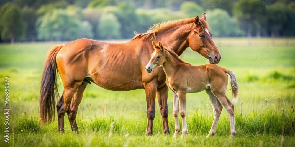 Mother horse affectionately nuzzling her foal in a grassy field , bond, love, care, nurturing, animals, mare, young Mother horse affectionately nuzzling her foal in a grassy field , bond, love, care, nurturing, animals, mare, young