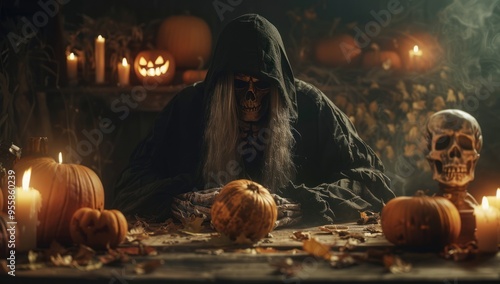 A hooded grim reaper with long grey hair and black cloak sits at an old wooden table photo