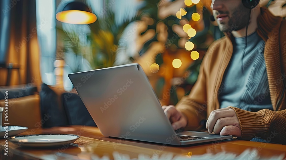 Man Using Laptop in a Cafe with Warm Lighting Man Using Laptop in a Cafe with Warm Lighting