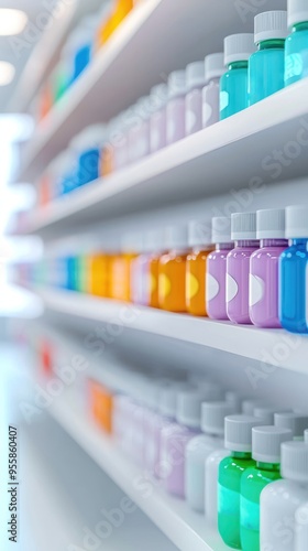 Smart pharmacy shelf, real-time stock updates, 3D illustration