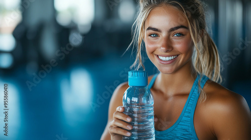 femaleathlete in workout attire, smiling and holding a shaker bottle by her side filled with water after a gym session