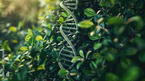 A close-up of a DNA strand emerging from a lush green foliage.