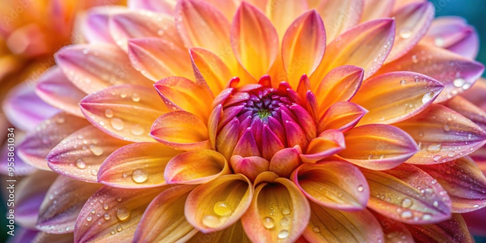 Close-up of a wet dahlia flower showcasing its delicate petals and vibrant colors, dahlia, flower, wet, close-up, petals Close-up of a wet dahlia flower showcasing its delicate petals and vibrant colors, dahlia, flower, wet, close-up, petals