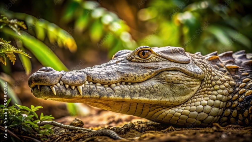 Fototapeta premium Silent hunter Crocodile blending in with its surroundings in the wild, camouflage, predator, wildlife, nature, reptile