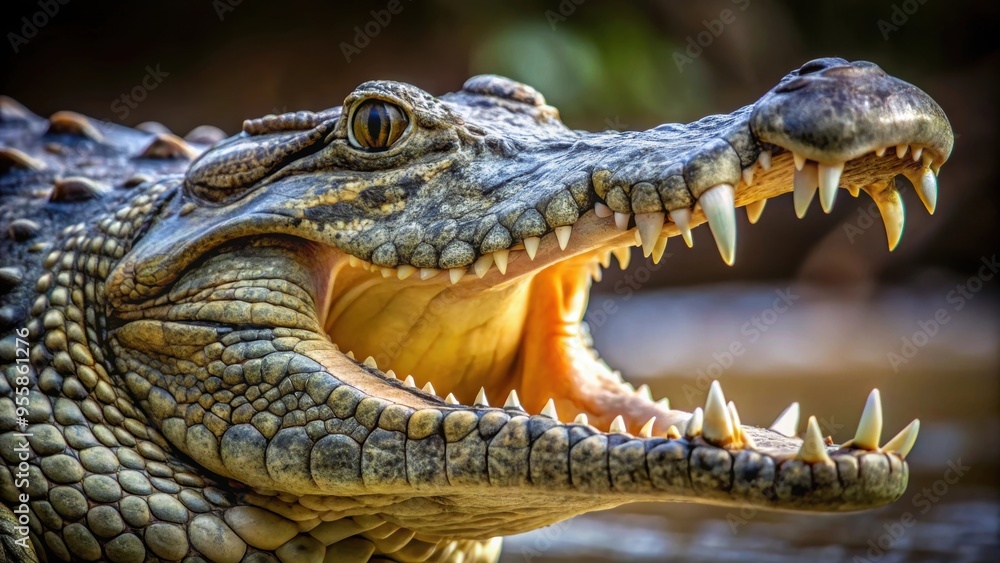 Fototapeta premium Close-up of a crocodile's powerful jaws showcasing its primal strength and sharp teeth, crocodile, predator, reptile, wildlife
