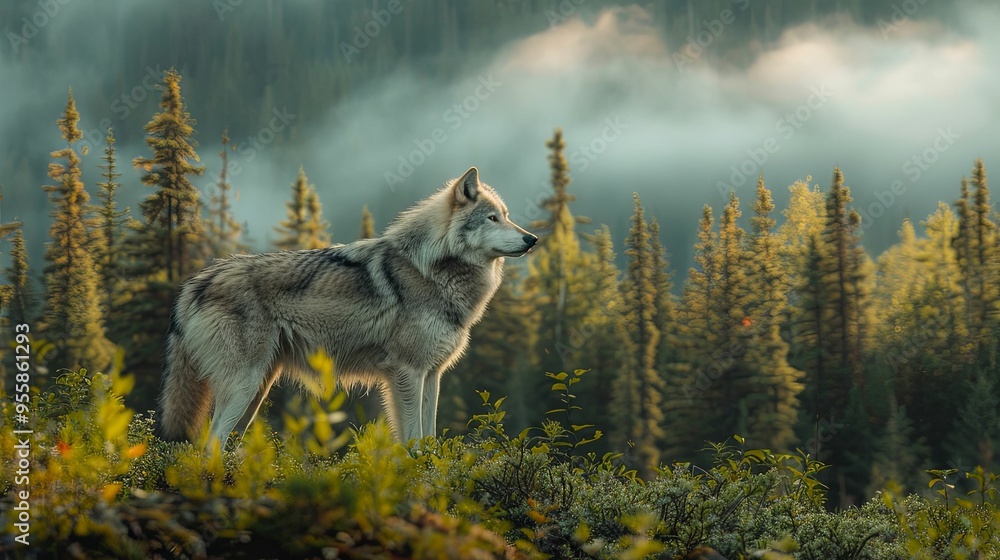 Obraz premium A Lone Wolf Stands Among the Foggy Pines
