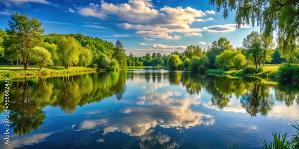 Serenity of a tranquil landscape with a beautiful lake reflecting the surrounding greenery, scenic, peaceful, nature, water Serenity of a tranquil landscape with a beautiful lake reflecting the surrounding greenery, scenic, peaceful, nature, water