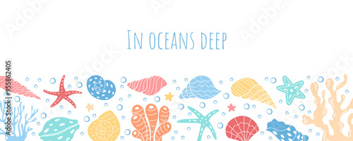 Underwater vector graphic featuring marine life elements and In Oceans Deep text. Vibrant corals and seashells create a lively marine themed design for banners and posters.