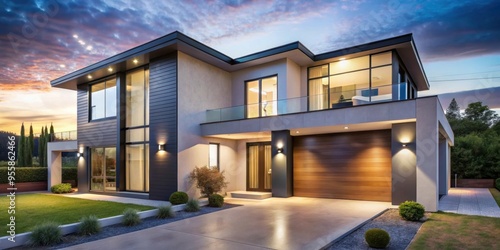 Modern two-story house with smart home features showcased at twilight , illuminated, smart home, technology, modern