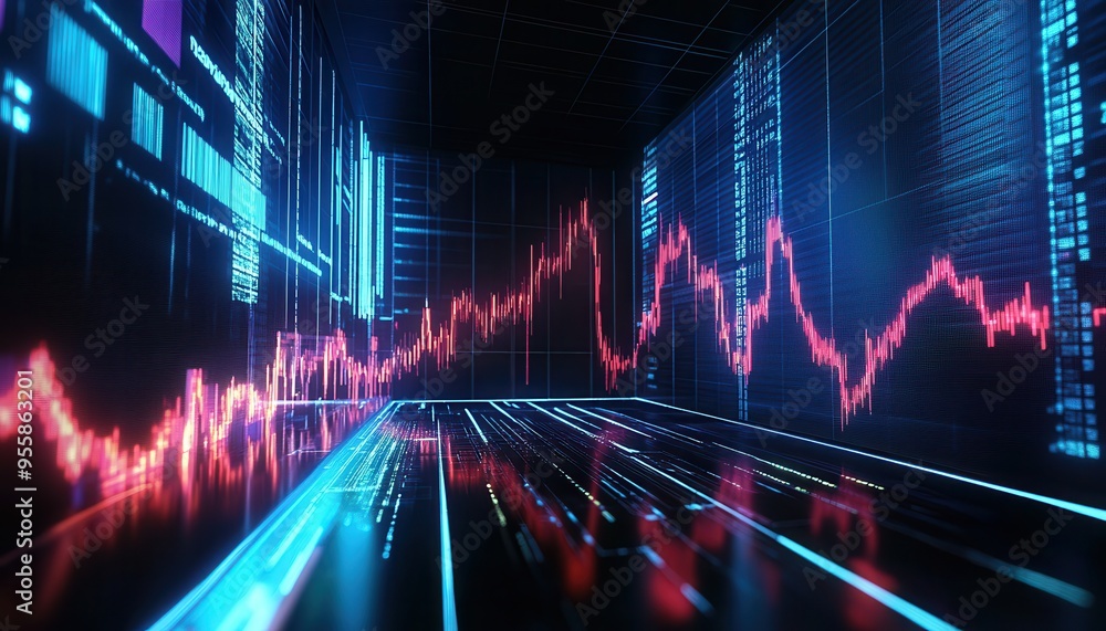 Dynamic digital visualization of stock market trends with vibrant colors and futuristic design. Dynamic digital visualization of stock market trends with vibrant colors and futuristic design.