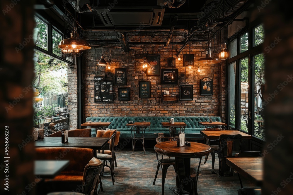 Fototapeta premium Cozy Restaurant Interior with Brick Walls and Warm Lighting