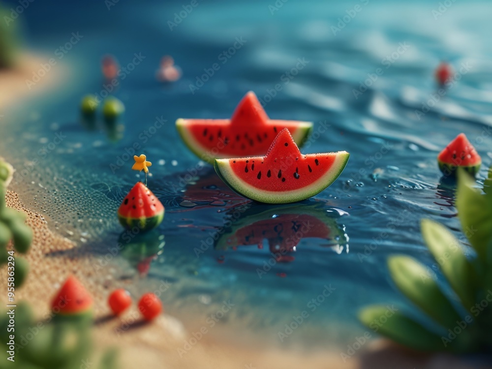 Miniature Figures Enjoying a Watermelon Ride on a Summer Sea Miniature Figures Enjoying a Watermelon Ride on a Summer Sea