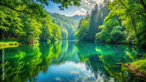 Serene lake nestled in a lush green forest setting, lake, forest, nature, water, reflection, tranquil, peaceful, scenery