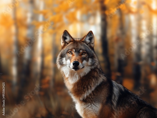 Wild Gray Wolf, Majestic Canine, Forest Wildlife Portrait in Nature