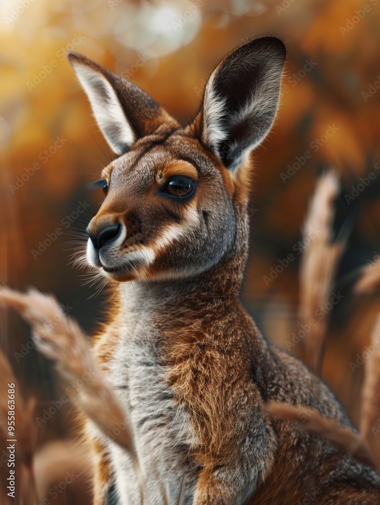 Fototapeta premium Portrait of Wallaby, Australian Kangaroo, in a grassy setting