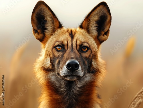 Portrait of African Wild Dog, Lycaon pictus, in an African savannah photo