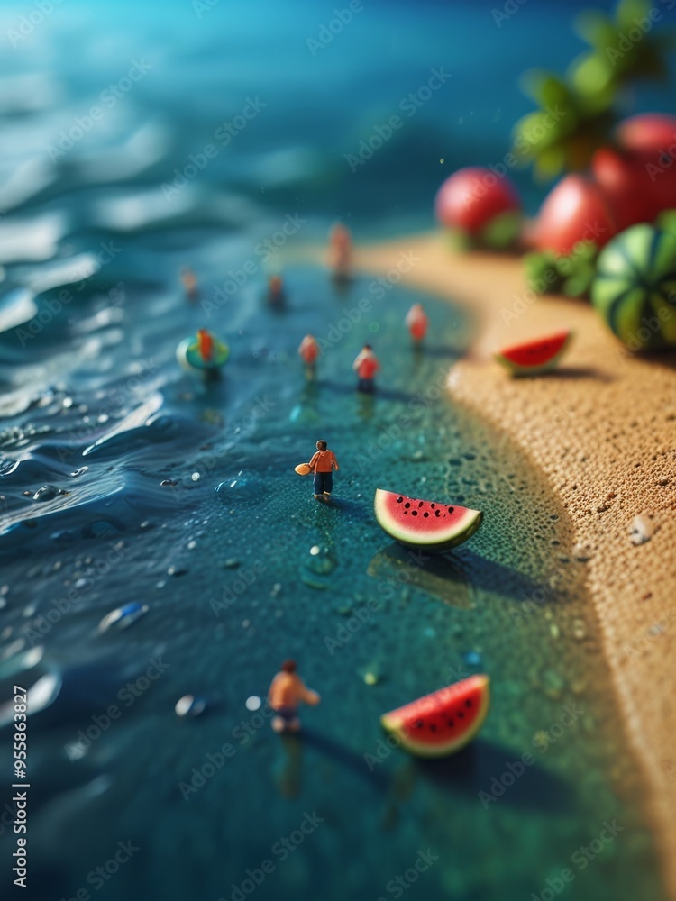 Miniature Figures Enjoying a Watermelon Ride on a Summer Sea Miniature Figures Enjoying a Watermelon Ride on a Summer Sea