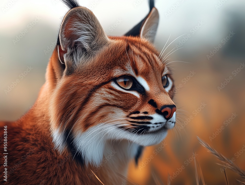 Caracal, close up with warm tones in a savanna habitat Caracal, close up with warm tones in a savanna habitat