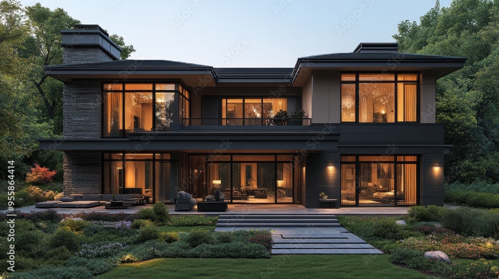 Modern home exterior with large windows and landscaped surroundings. Modern home exterior with large windows and landscaped surroundings.