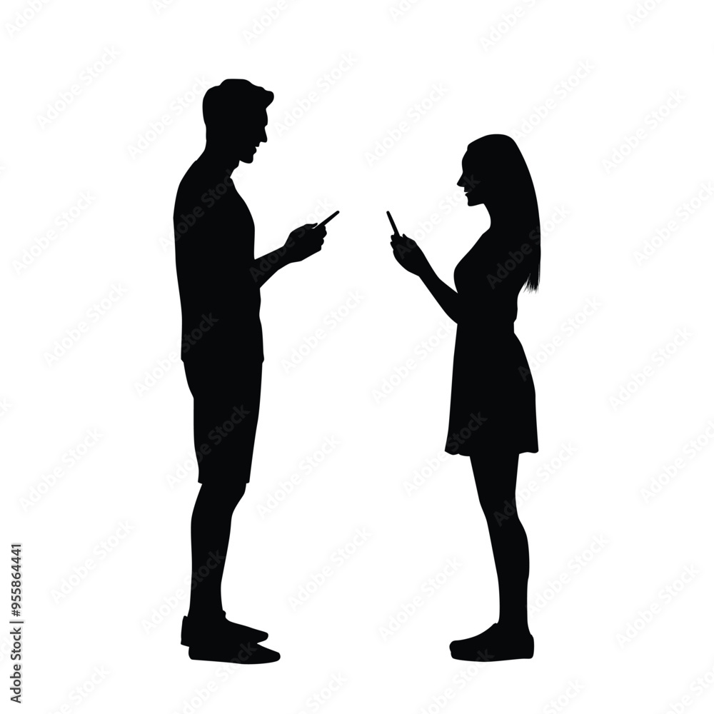 Silhouette of a romantic couple, exchanging cell phone numbers Silhouette of a romantic couple, exchanging cell phone numbers