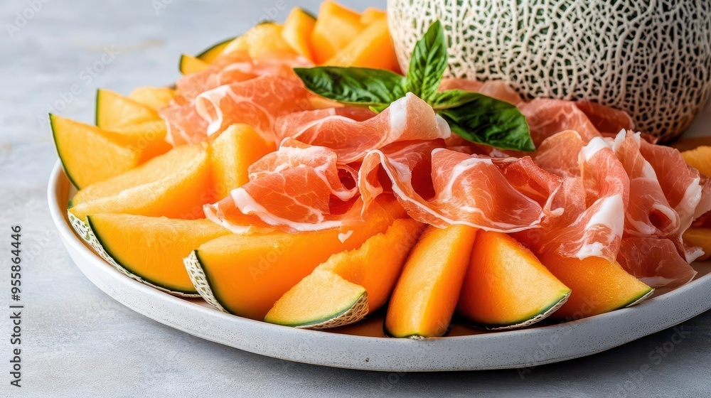 Juicy cantaloupe slices, vibrant orange, served on a platter with prosciutto, fresh and sweet Juicy cantaloupe slices, vibrant orange, served on a platter with prosciutto, fresh and sweet