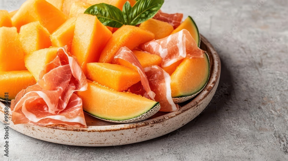Juicy cantaloupe slices, vibrant orange, served on a platter with prosciutto, fresh and sweet Juicy cantaloupe slices, vibrant orange, served on a platter with prosciutto, fresh and sweet