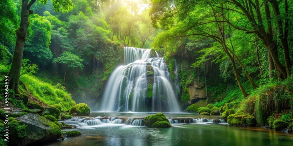Serene waterfall cascading through lush green forest , nature, picturesque, landscape, cascading, water, trees, greenery Serene waterfall cascading through lush green forest , nature, picturesque, landscape, cascading, water, trees, greenery