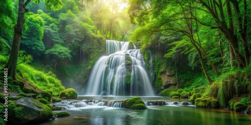 Serene waterfall cascading through lush green forest , nature, picturesque, landscape, cascading, water, trees, greenery