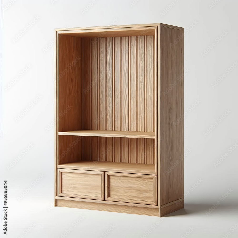 Wooden empty shelves isolated on white background, perfect for interior design Wooden empty shelves isolated on white background, perfect for interior design