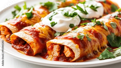 Close-up of Chicken Enchiladas Topped with Red Sauce, Cheese, and Sour Cream