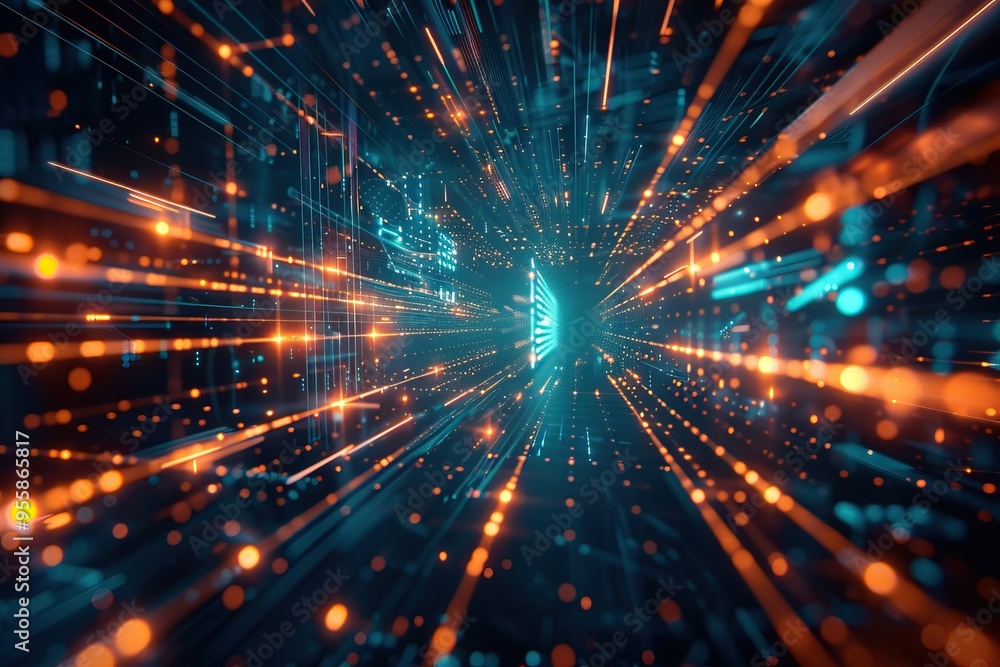 Obraz premium Digital Data Stream and Light Burst in Abstract Cyberspace