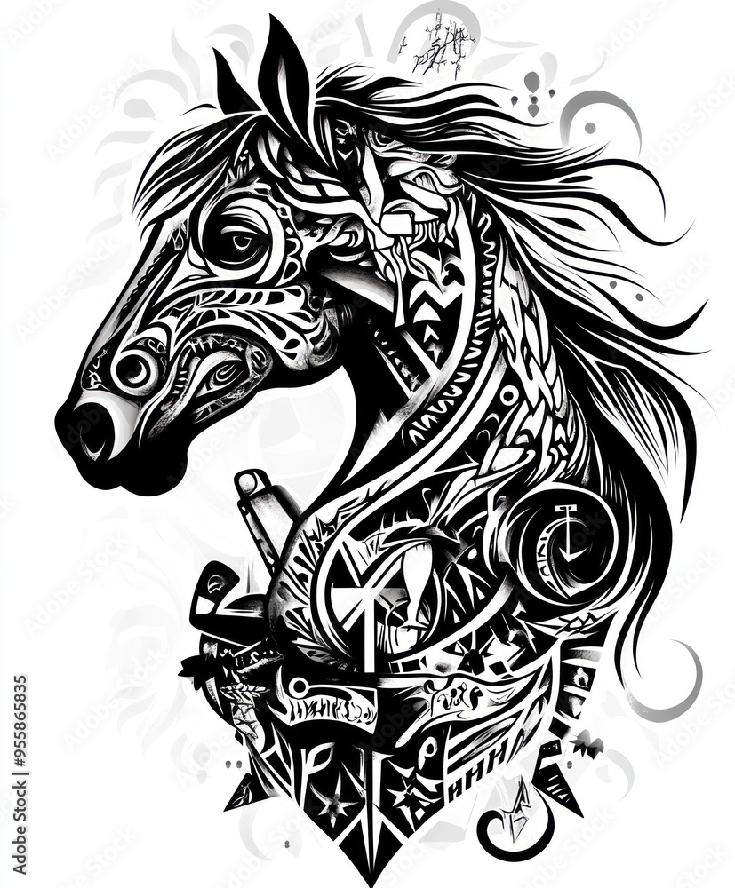 Fototapeta premium A stylized black and white illustration of a horse's head filled with intricate patterns.