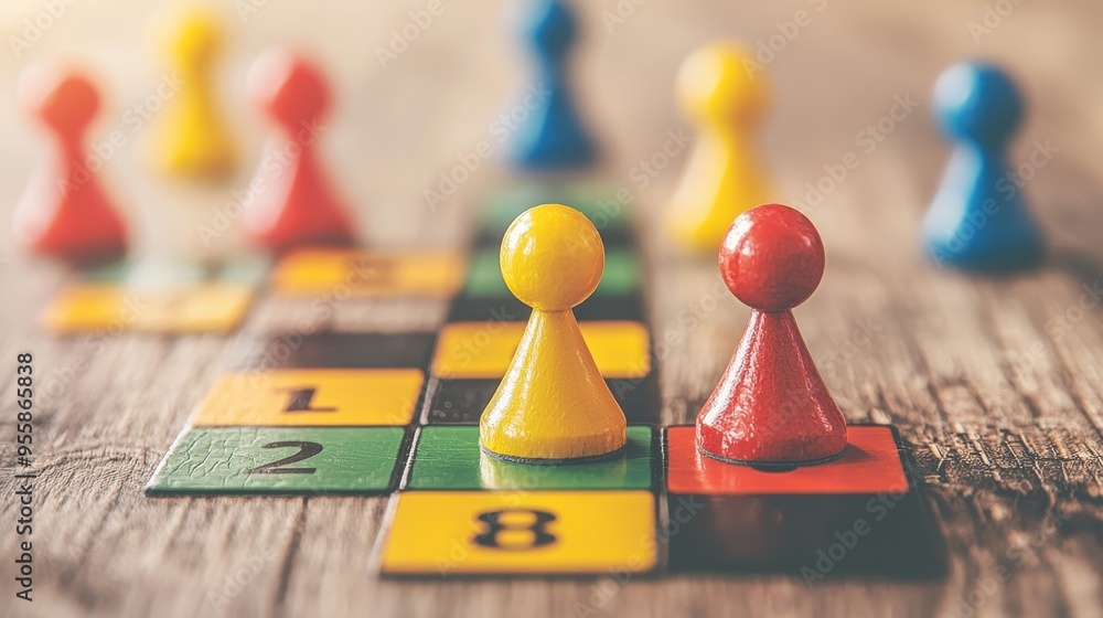 Closeup of Yellow and Red Game Pieces on a Wooden Board Closeup of Yellow and Red Game Pieces on a Wooden Board