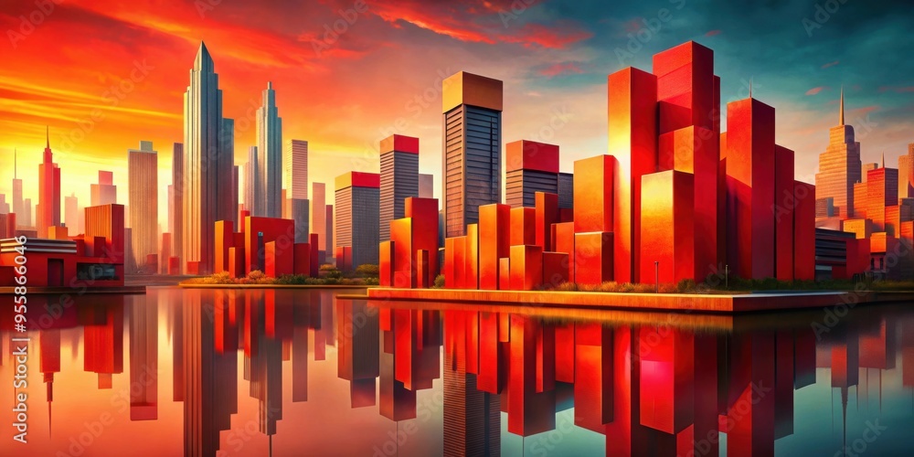 Vibrant abstract cityscape with bold red hues, geometric building structures, calm river, textured sky Vibrant abstract cityscape with bold red hues, geometric building structures, calm river, textured sky