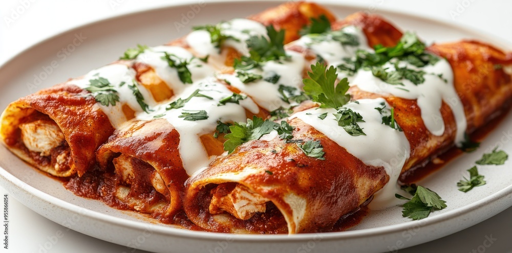 Close-up of Three Chicken Enchiladas Topped with Sour Cream and Parsley Close-up of Three Chicken Enchiladas Topped with Sour Cream and Parsley