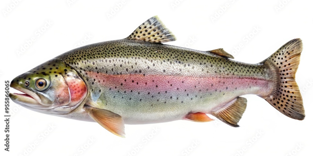 Naklejka premium Close up of a rainbow trout, cut out on a white background, fish, seafood, freshwater, vibrant colors, scales, fins, aquatic
