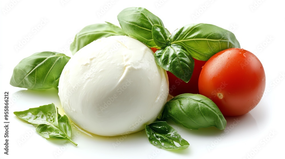 a ball of fresh mozzarella with basil leaves, Italian cuisine, soft and smooth, isolated on white background a ball of fresh mozzarella with basil leaves, Italian cuisine, soft and smooth, isolated on white background