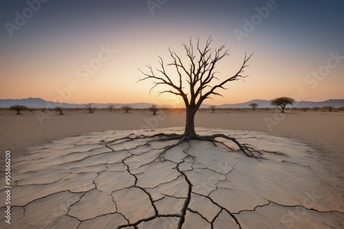 A lone, dead tree stands defiant against the vast, arid desert landscape, its branches reaching towards the endless